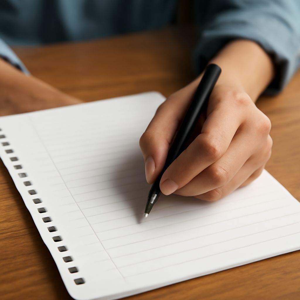 Applicant reviewing a college essay draft with prompt notes
